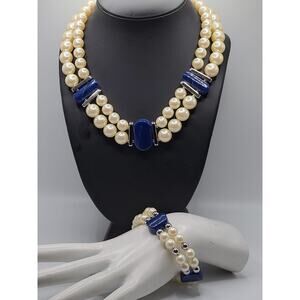 Vintage Faux Pearl Necklace Bracelet Set Blue Lucite Silver Tone